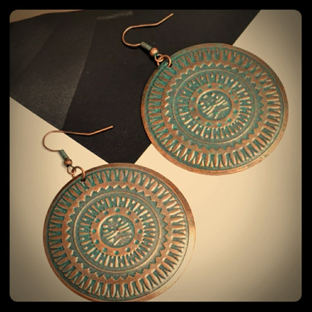Large Cross Product Bohemian Carved Coin Earrings - Picture 2 of 5